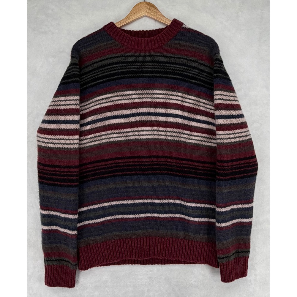 LL Bean Vintage 100% Lambs Wool Knit Striped Sweater Mens Chunky Heavy Preppy